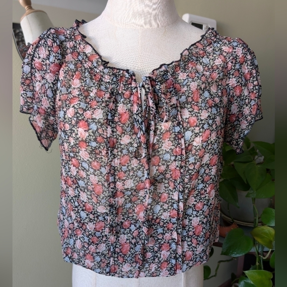 Poetry Women's Size Small Multicolor Short Sleeve Sheer Boho Ditsy Floral Blouse